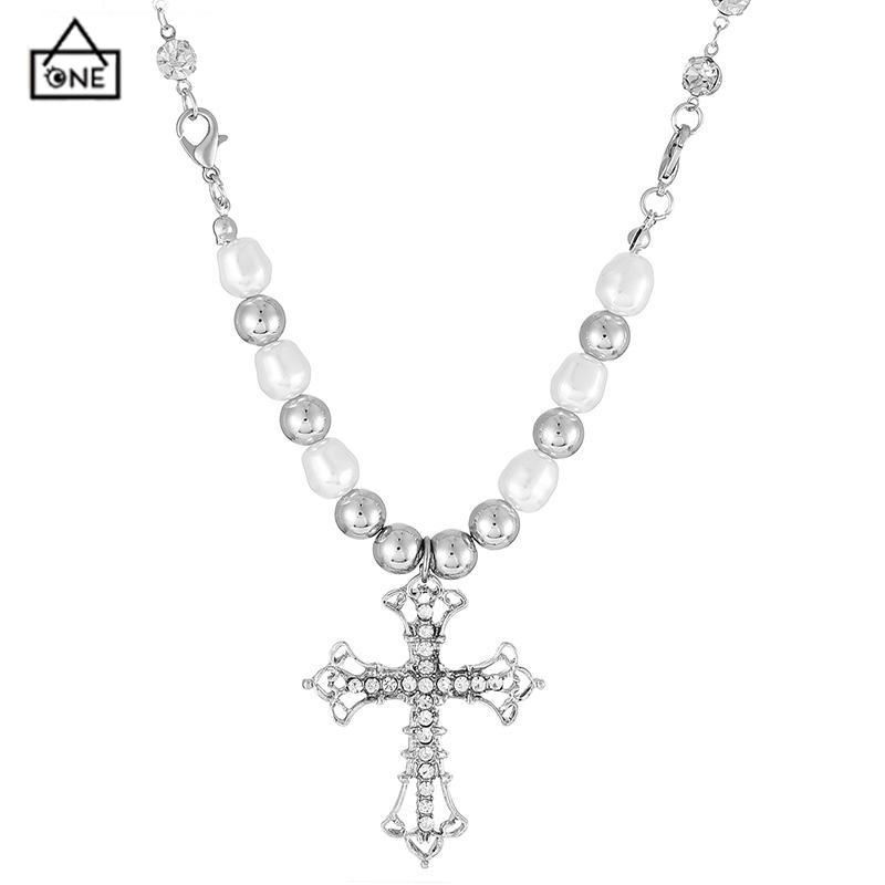 COD❤️Kalung Alloy Vintage Pearl Cross Pendant Punk Sweter Serbaguna Wanita-A.one