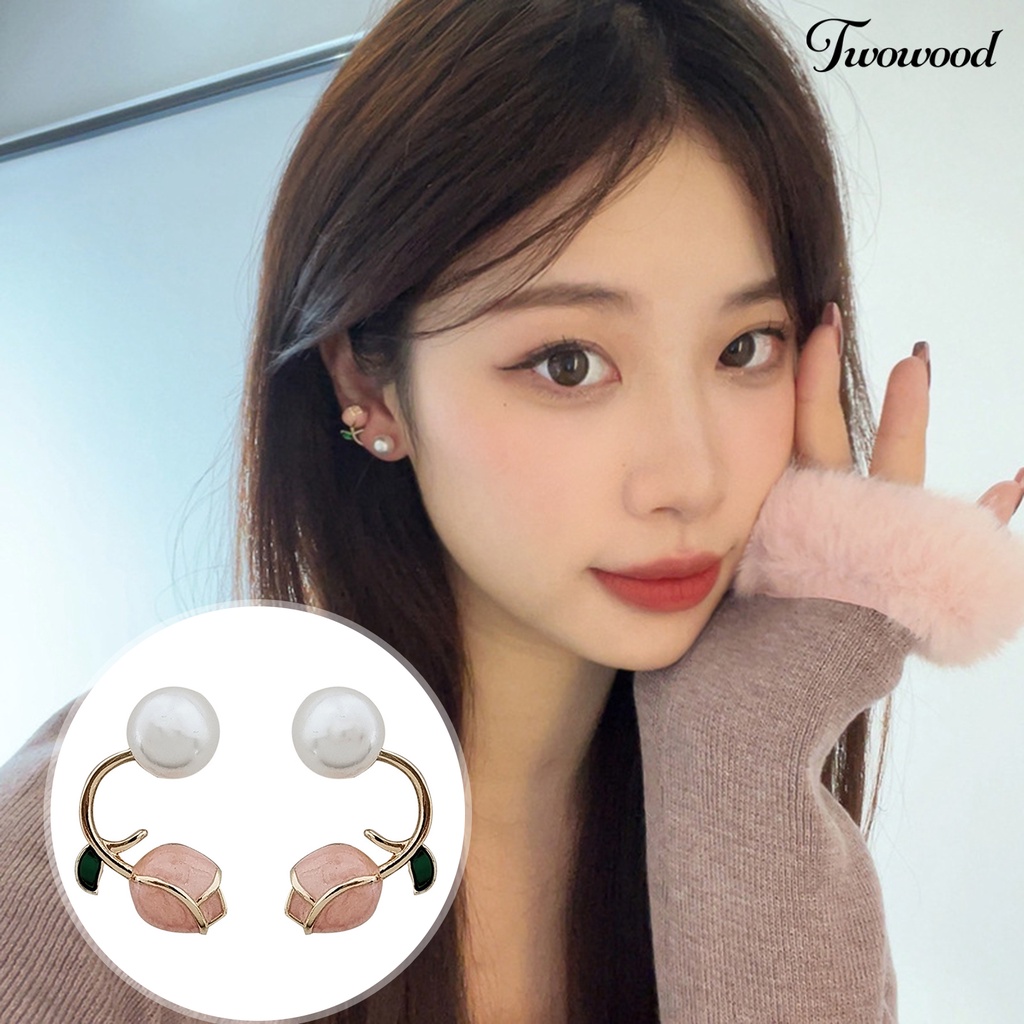 Twowood 2Pcs Ear Studs Elegan Electroplating Gaya Perancis Bunga Tulip Anting Mutiara Imitasi Silver Needle Stud Earrings