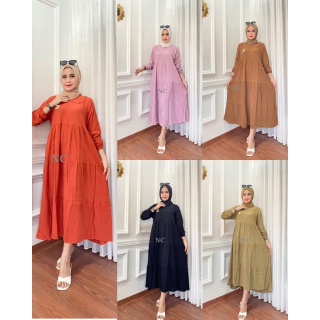 Tren Baju Muslim Gamis Midi Rayon Cringkel Mayra Midi Dress Terlaris / Maxi Dress Modern Adeeva Dres