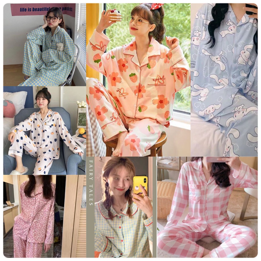 GROSIRTAS TG1537 Set Baju Tidur Wanita Berkerah Lengan Dan Celana Panjang Import Motif Berkarakter Part 1