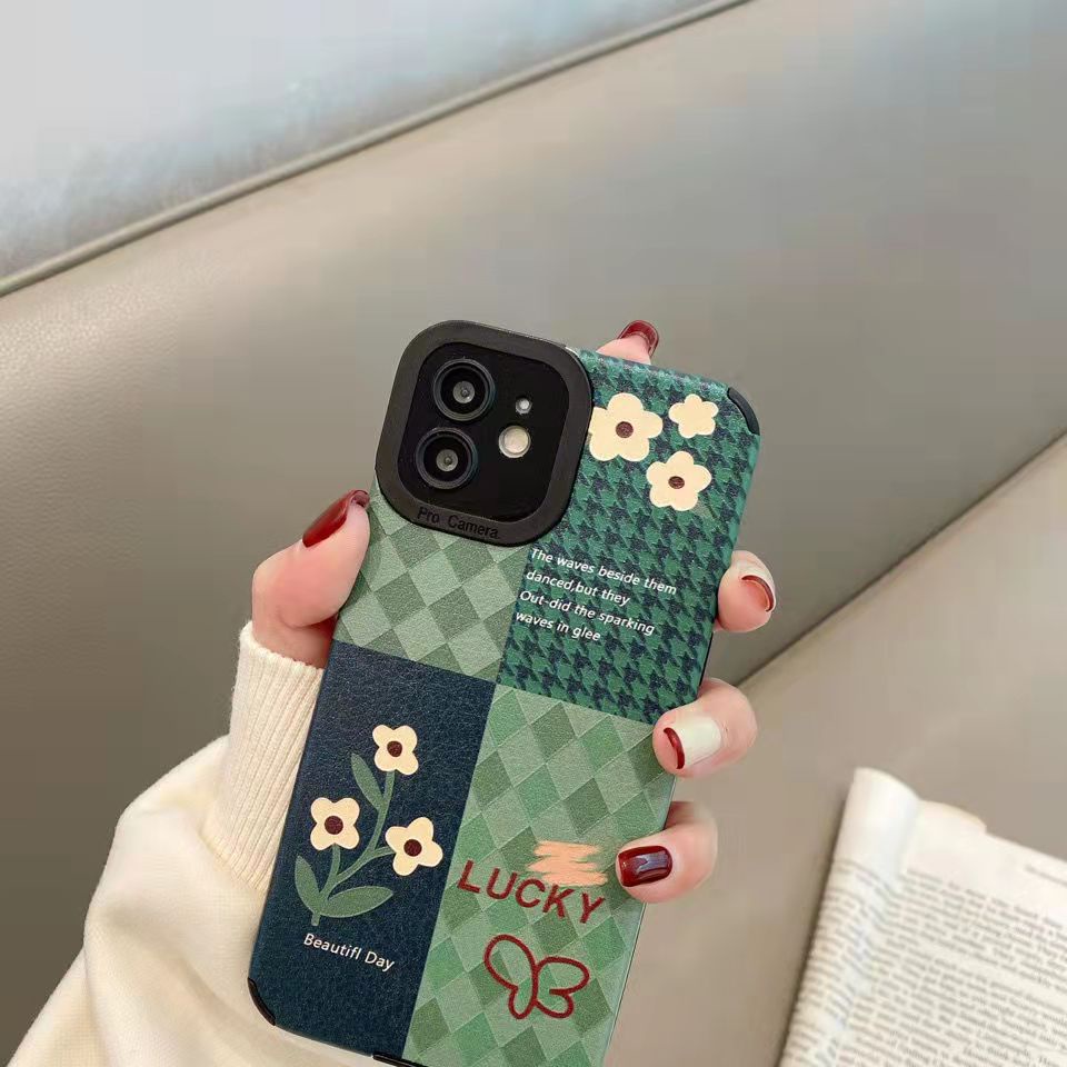 【Lamb Skin】Leather Soft Case IP IPhone 7 8 14 Plus 7+ 8+ X XR SE 2020 XS Max 11 12 13 14 Pro Max Phone Case Pretty Green lattice Lucky Flower