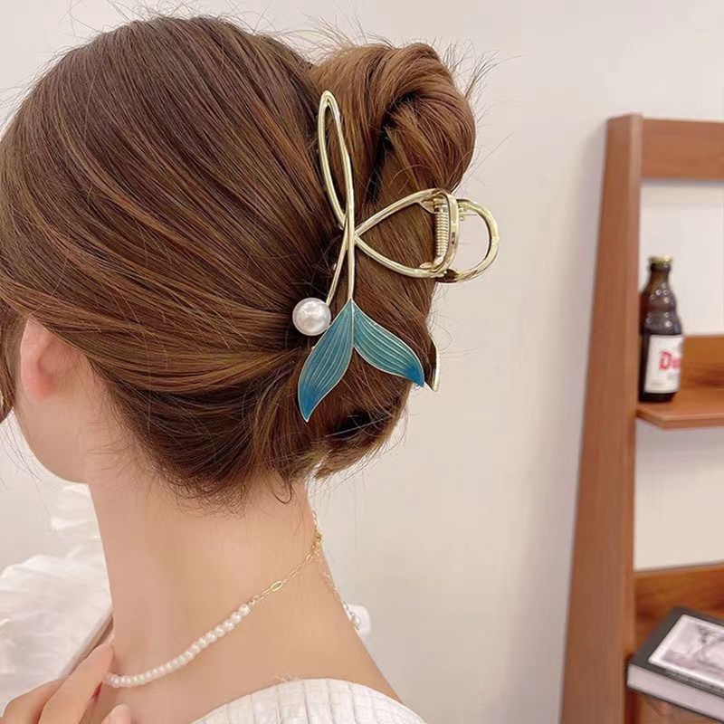 Vintage Wanita Biru Mutiara Fishtail Rambut Klip Besar Ponytail Rambut Klip Mewah Logam Mutiara Hiu Klip Gadis Hiasan Kepala Hadiah