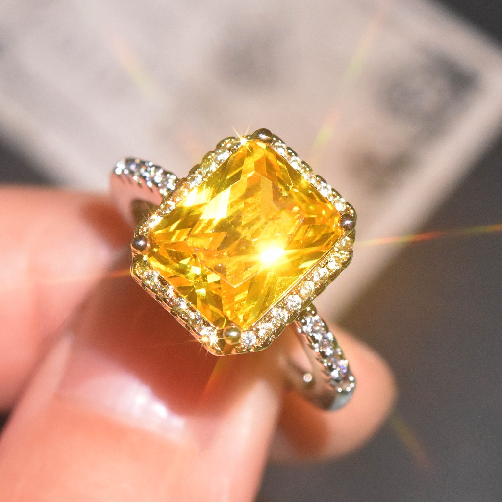 Goldkingdom Fashion Perhiasan Aksesoris Ready Stock Berlian Kuning Dua Warna Cincin Klasik Putri Square Pink Kristal Adjustable Engagement Ring Untuk Wanita