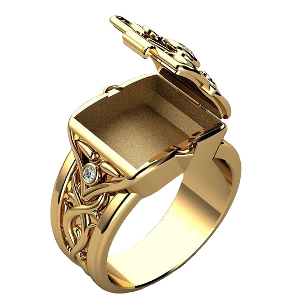 Goldkingdom Fashion Perhiasan Aksesoris Ready Stock Hip Hop Punk Berlapis Emas Asli Kadar 375 Cincin Pria Kotak Euro-American Clamshell Ring