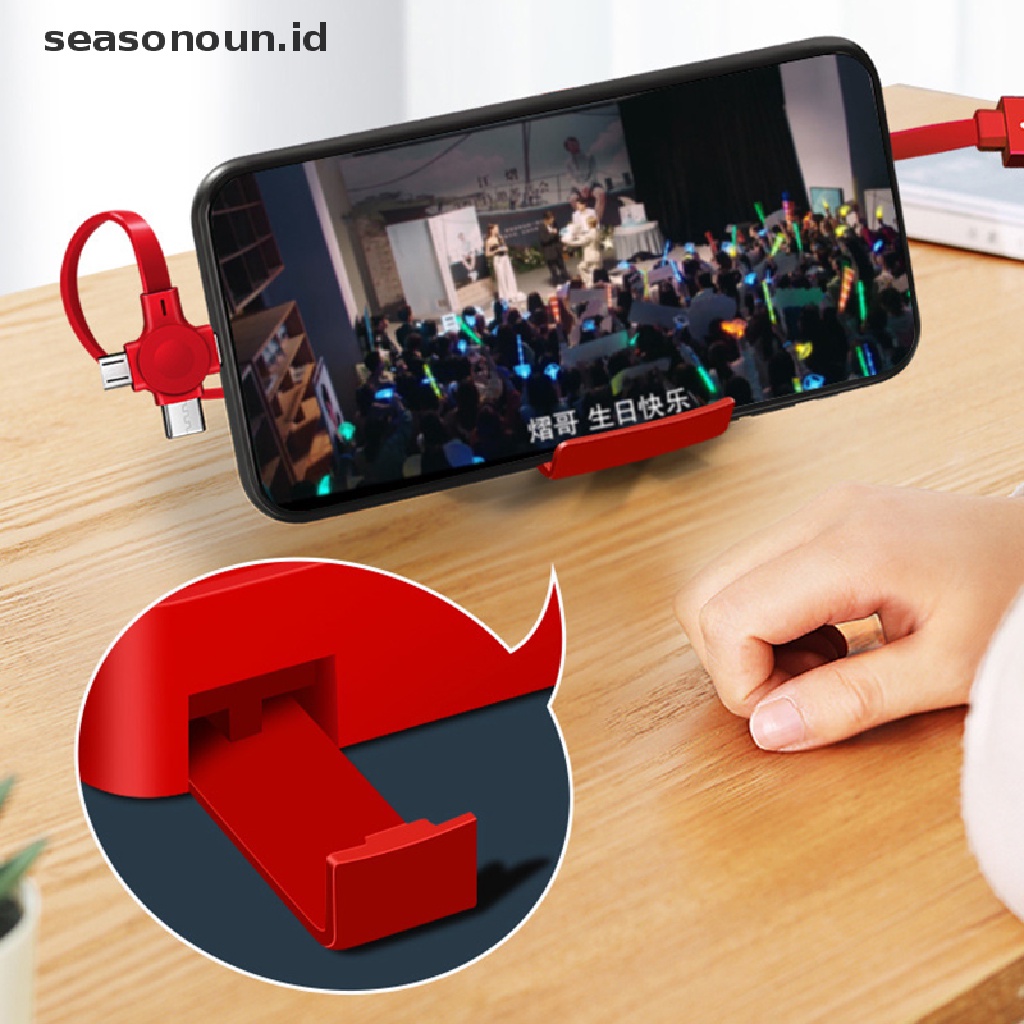 Seasonoun 3in1 Retractable 8pin/USB Type C/Kabel Micro USB Untuk iPhone14 13 Pro 1m Charger Ponsel Kabel Data Kable Dengan Stand Phone.