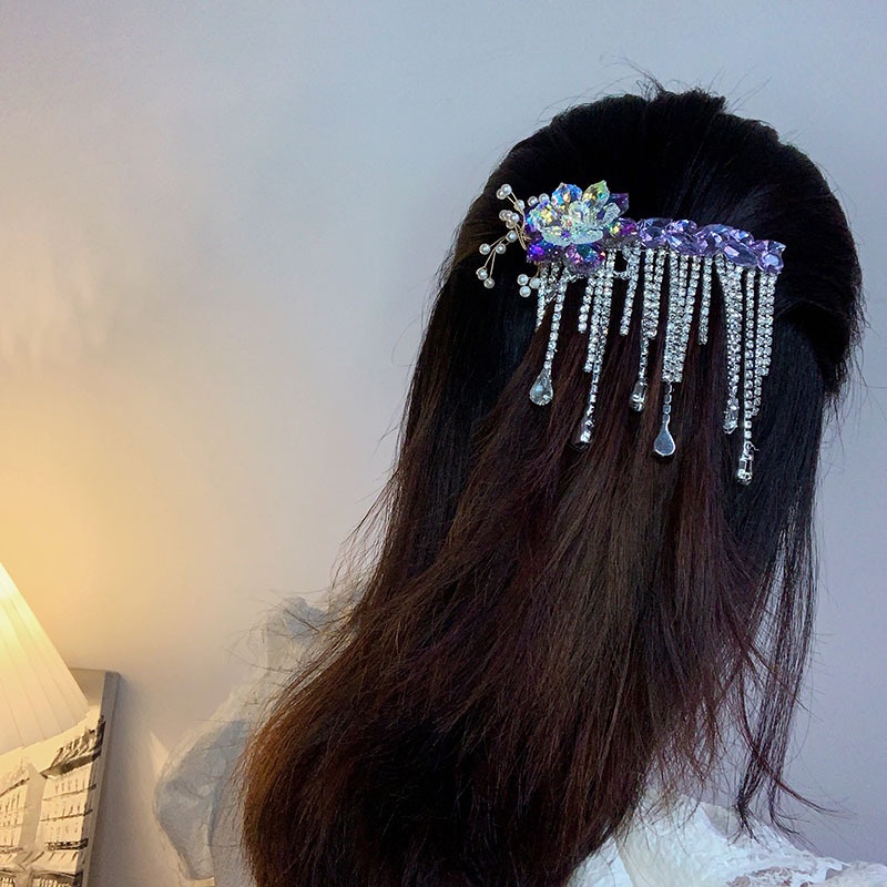 Korean Light Luxury Dazzle Retro Tassel Crystal Flower Hairpin Long Chain Spring Clip Female