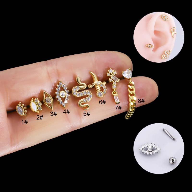 1biji2023new Mahkota Ular Bentuk Mata Rantai Menjuntai Helix Pinna Lobe Piercing 16Gauge Earring Stud Stainless Steel Dengan Zircon