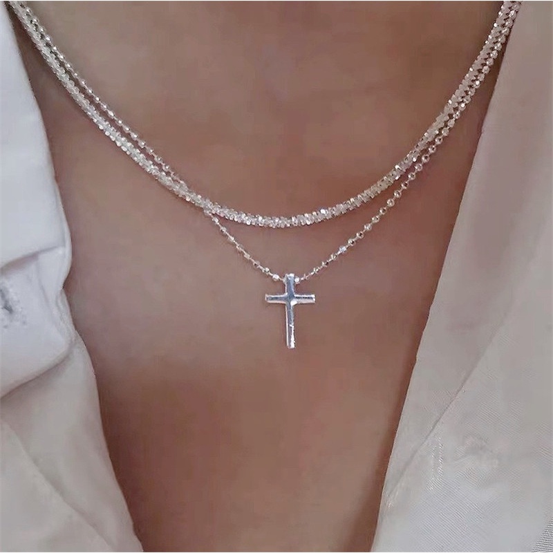 Kalung Liontin Salib Berkilau Choker Rantai Double Layer Silver Untuk Aksesoris Perhiasan Wanita