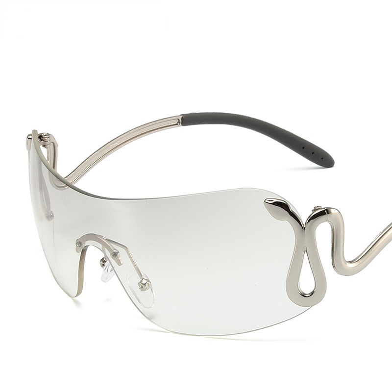 Kacamata Punk One-piece Rimless Silver Snake Bracket Sunglasses Pria Dan Wanita Model Tren Kacamata Foto Jalan