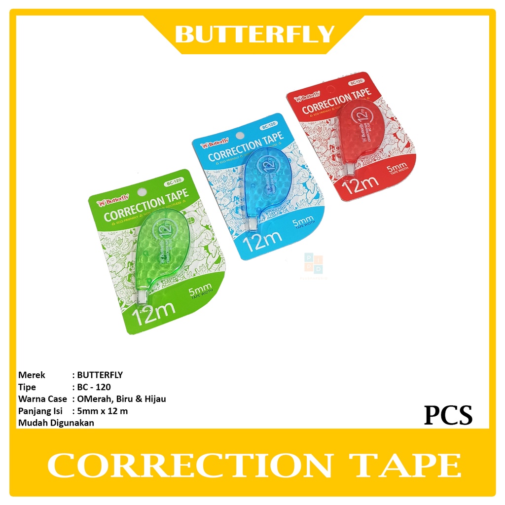 

BUTTERFLY - Correction Tape - Tip-Ex Kertas 12 Mtr - Pcs