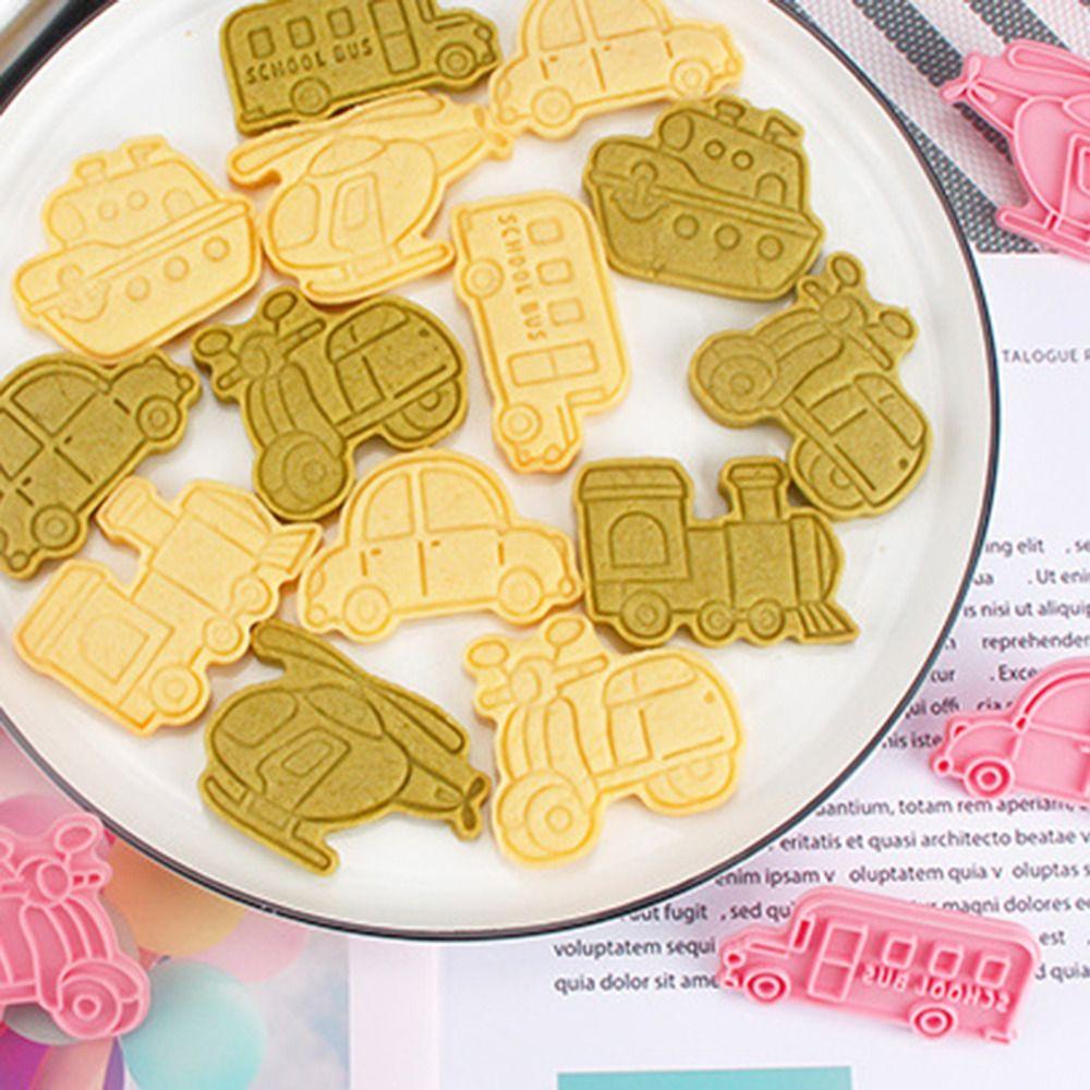 [Elegan] Cookie Cutters Pastry 6pcs/set Press Stamp Transportasi Kereta Bus Plastik Motor Helikopter Alat Dekorasi Kue