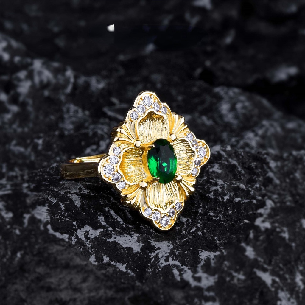 Goldkingdom Aksesoris Perhiasan Fashion Ready Stock Italy Burati Craft Jewelry Retro Imitasi Panjshir Emerald Color Treasure Female Ring