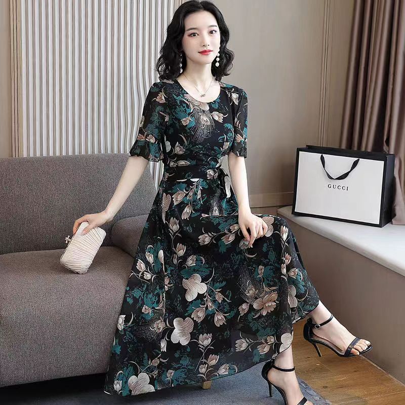 2023 model baru gaya korea floral V-neck dress lengan pendek/gaya korea floral rok mid-length elegan