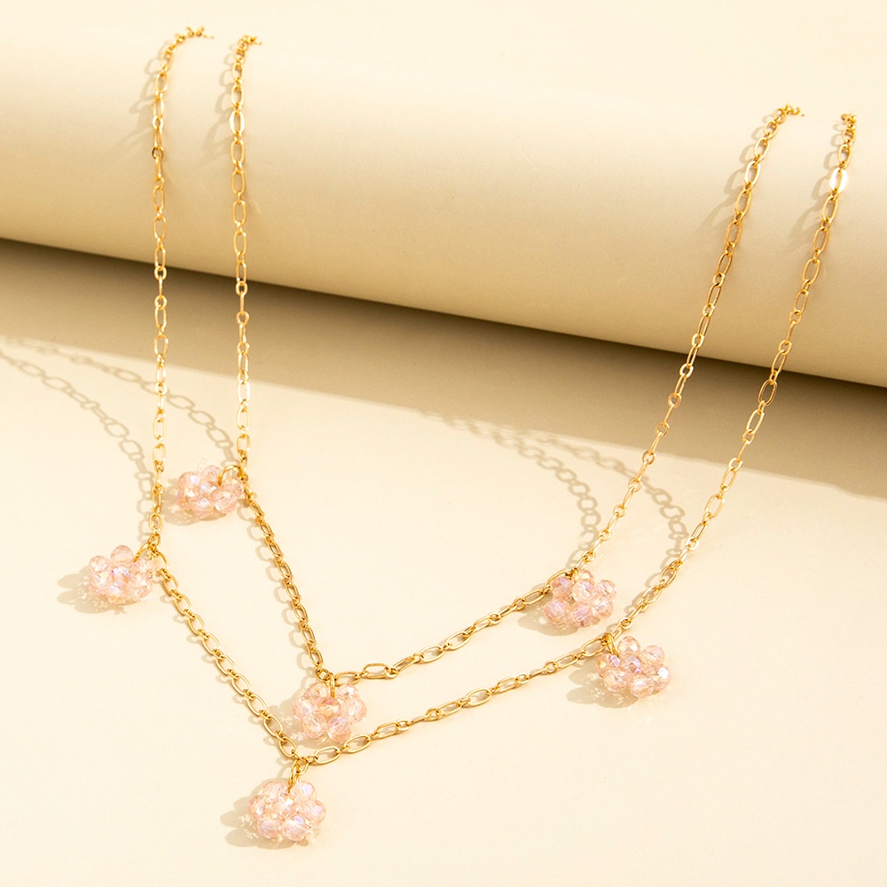 Ins Gaya Lembut Kepribadian Fashion Kecil Segar Berlapis Ganda Kristal Bunga Merah Muda Liontin Kalung Aksesoris