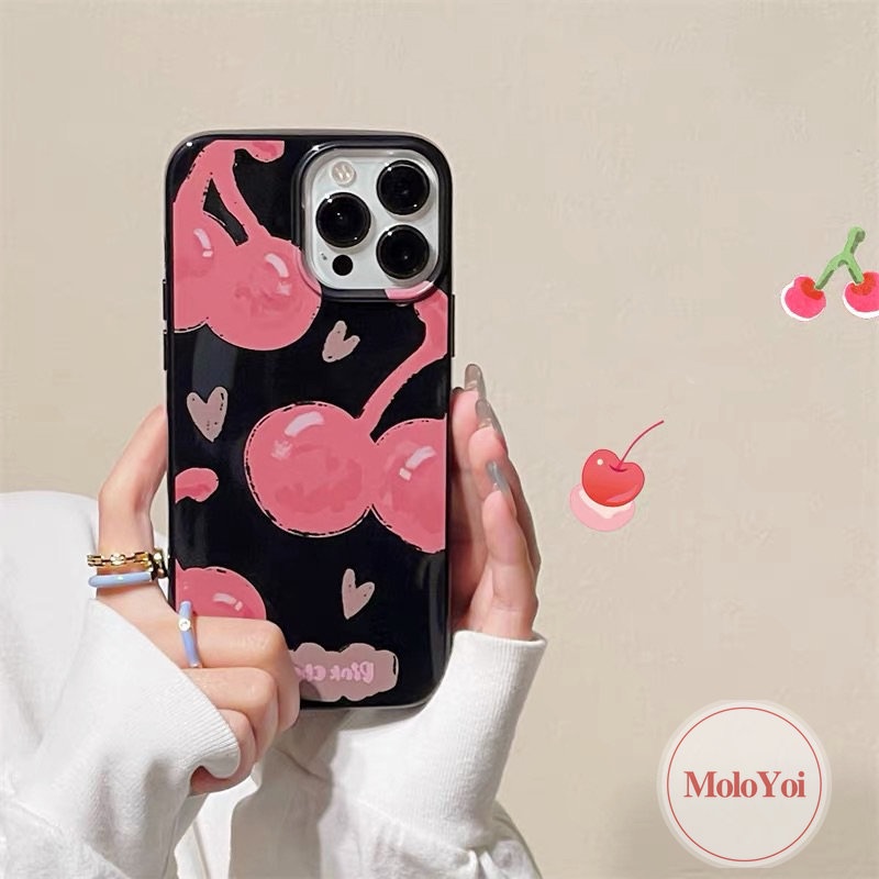 IPHONE Casing Ponsel Kompatibel Untuk Iphone14 13 11 12 Pro Max7 8 Plus XR 7plus X XS Max SE 2020 Imut Love Hati Kartun Pink Cherry Smiley Shockproof Glossy Halus Keren Hitam Soft Cover