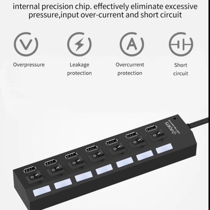 USB Hub 7 Port Output Switch On LED 2.0 PC Laptop USB Slot Extension