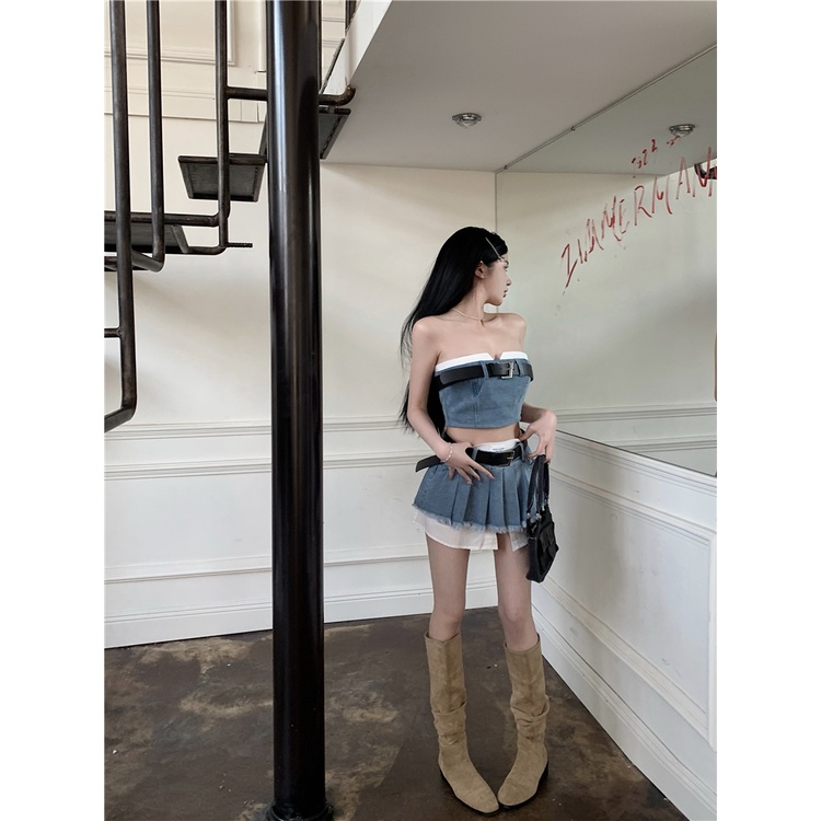 Red Spice Girl Fried Street Denim Two-Piece Set Wanita Musim Panas Tanpa Lengan Warna Kontras Tube Top Rompi Top + palsu Dua Pinggang Tinggi Rok Lipit