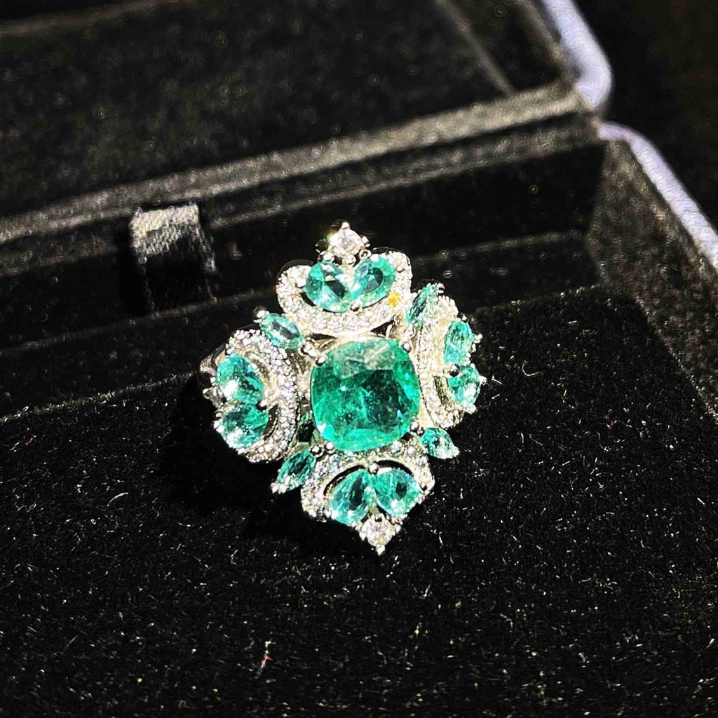 Goldkingdom Fashion Perhiasan Aksesoris Ready Stock Yang Sama Micro-Berukir Berlian-Hias Alami Paraiba Rumput Hijau Berlian Cincin Warna-Warni Perhiasan Wanita