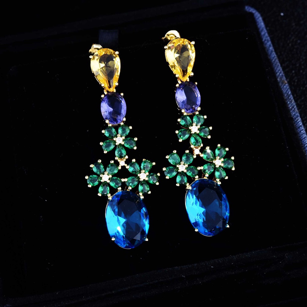 Goldkingdom Fashion Perhiasan Aksesoris Ready Stock Zirkon Warna-Warni Bunga Anting Perak Fashion Industri Berat Kepribadian Stud Earrings Wanita