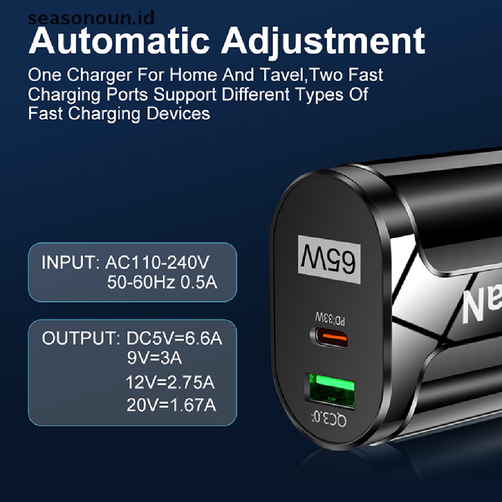 Seasonoun GaN 65W USB C Charger Quick Charge PD USB-C Tipe C Pengisi Daya USB Cepat EU/As/UK.