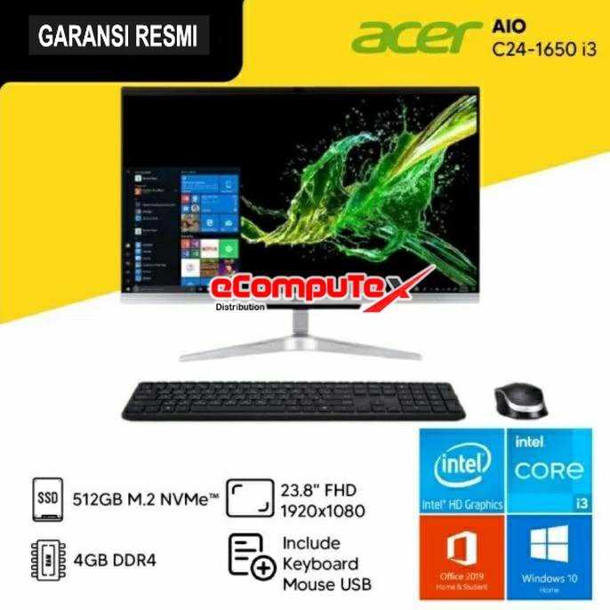 PC AIO ACER ASPIRE C24-1650 INTEL CORE GEN i3-1115G4 / INTEL UHD GRAPHICS / RAM 4G 1TB HDD NODVD WIN11+OHS 23.8&quot; GARANSI RESMI