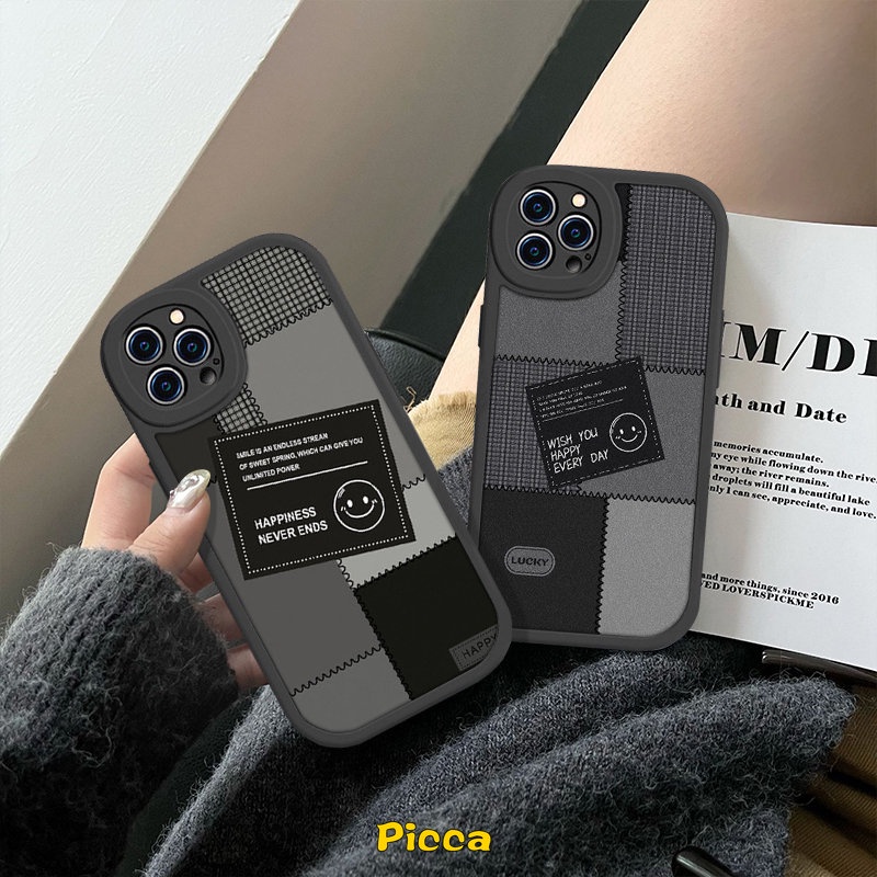 Couple Casing Oppo A17 A7 A57 A16 A1K A95 A15 A17K A96 A9 A5 A54 A5s A74 A55 A3S A77s A12 A16K A76 A53 A31 A16E A92 Reno 5F 5Z 87 7Z 5 Smiley Lucu Label Hitam Jahitan Lembut Sarung