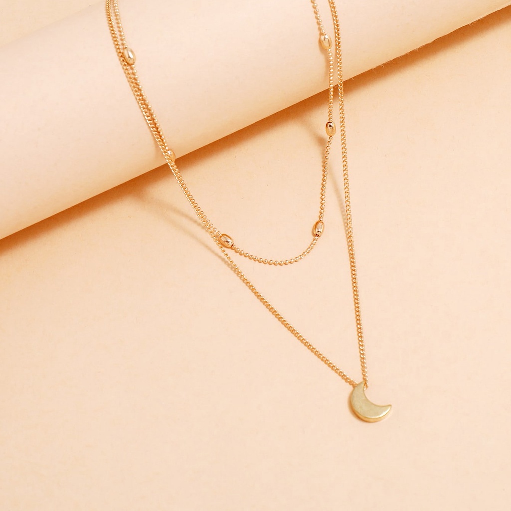 Individualized Fashion Gaya Sederhana Berlapis Ganda Bulan Sabit Liontin Kalung Wanita Rantai Tulang Selangka