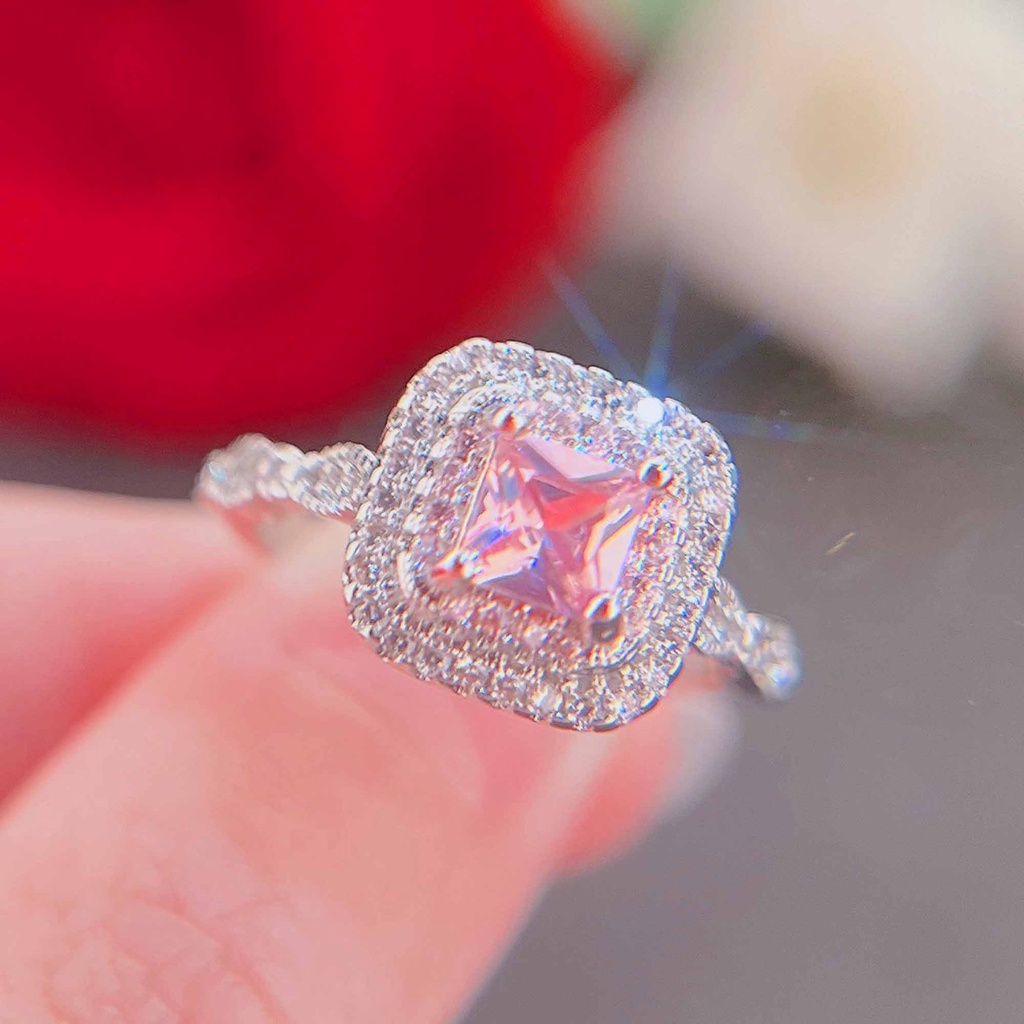 Goldkingdom Aksesoris Perhiasan Fashion Ready Stock Desain Kecil Perak Warna Pink Emas Asli Kadar 375 Micro Set Berlian Cincin Persegi Berlian Putri Cincin Wanita