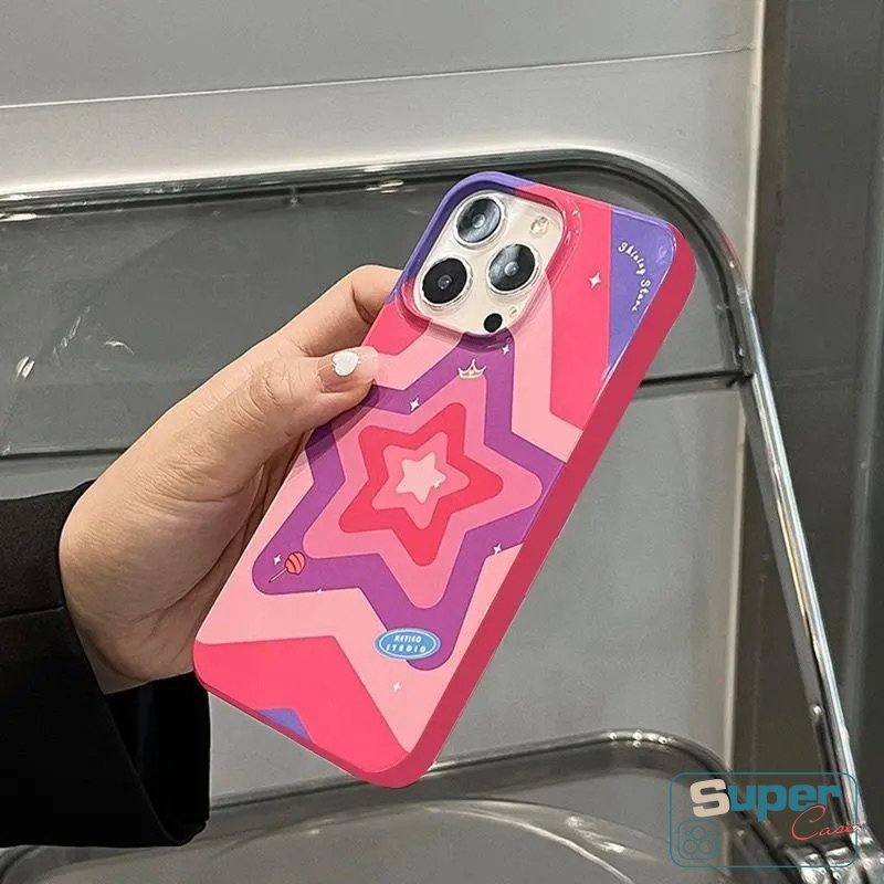 Ins Rose Red Gradient Star Love Heart Glossy Phone Case Kompatibel Untuk IPhone XR X 7Plus 11 13 14 12 Pro Max XS Max8 7 Plus SE 2020 Perlindungan Kamera Shockproof Soft Cover