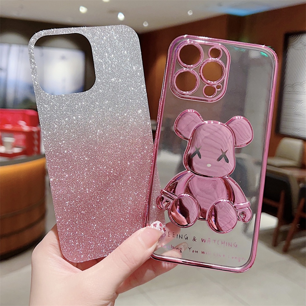 IPHONE Casing Kartun Beruang Glitter Warna Pink Untuk Iphone14 13 12 11 Pro Max X Xr Xs 8 7 Plus SE 2 Gradien Bling Plating Lembut Shockproof Cover