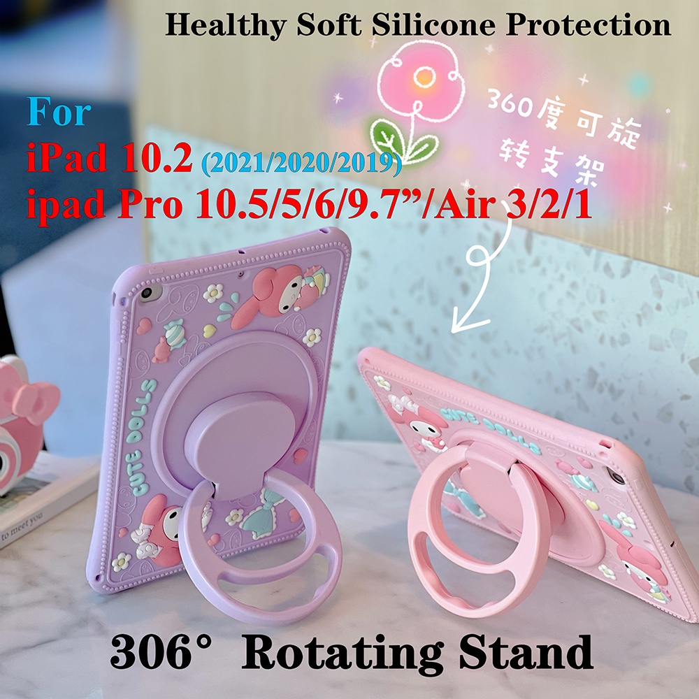 Untuk iPad 10.2 2021 2020 2019 9th 8th 7th Gen Pro 10.5 6 5 9.7 2017 2018 Air3 2 1 Tablet Casing Fashion Silicon Lembut360° Rotating Ring Stand Case Melody Penutup Kartun Lucu