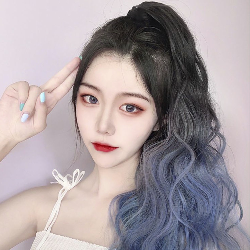 Ins Wig Keriting Panjang Gradasi Dengan Klip Ponytail Rambut Ekstensi Wig Untuk Wanita Gadis Aksesoris Rambut 45cm