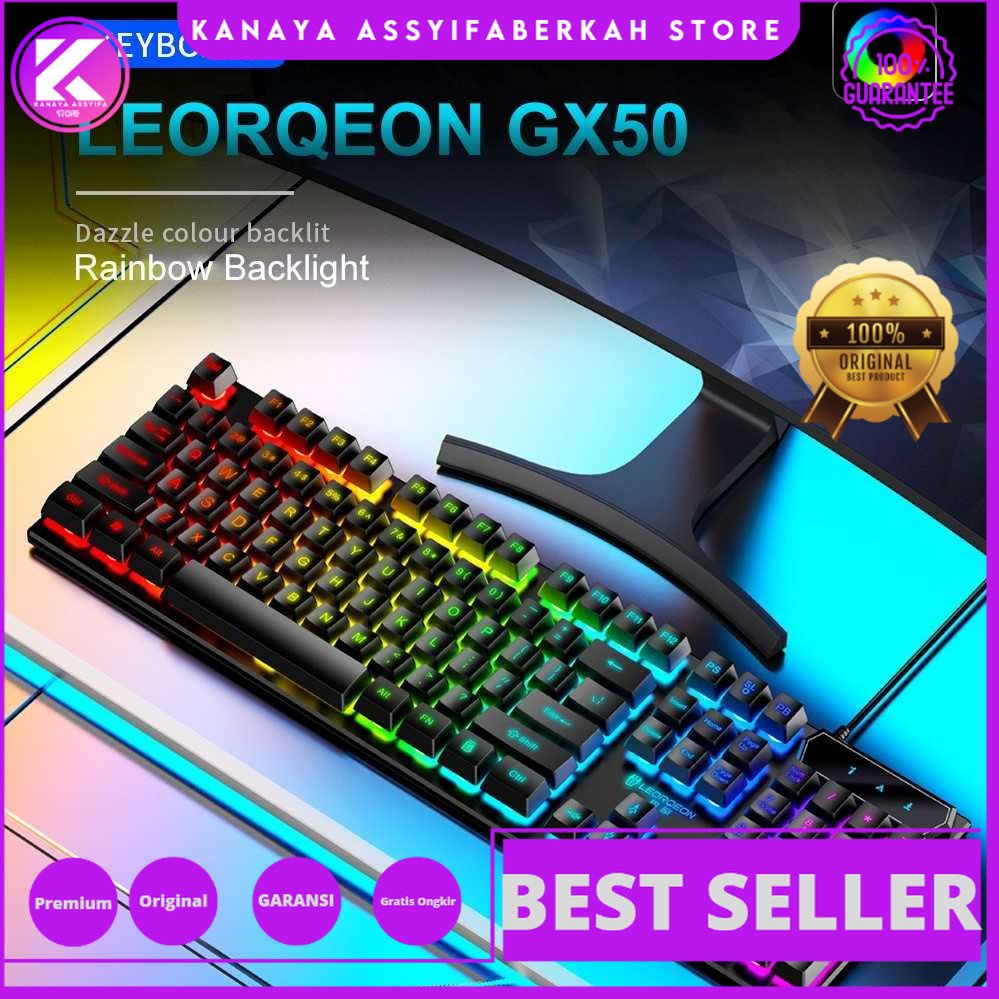 LEORQEON Gaming Keyboard RGB PC Laptop Kompter Backlit Mechanical Feel Waterproof - GX50