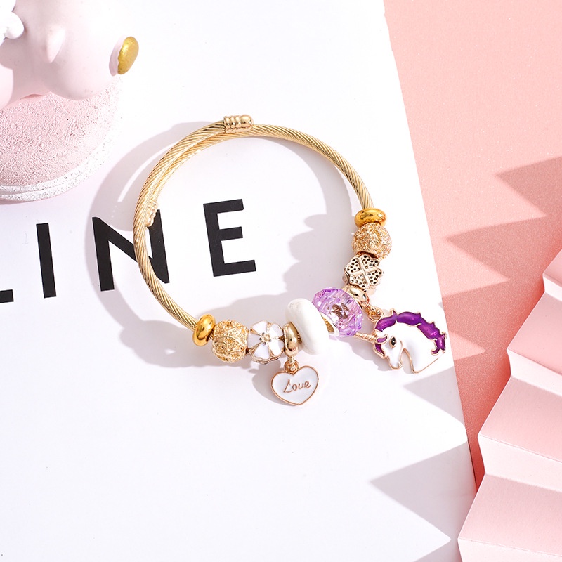 XiaoboACC DIY Indah Kartun Unicorn Liontin Stainless Steel Terbuka Dapat Disesuaikan Gelang