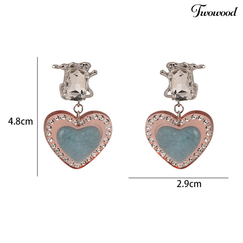 Twowood 1pasang Menjuntai Anting Vintage Romantis Bersinar Cubic Zirconia Hias Geometris Hadiah Wanita Hati Liontin Stud Earrings Pesona Perhiasan Untuk Pacaran