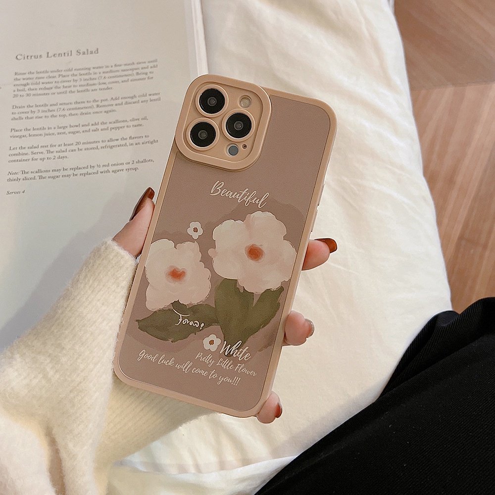 IPHONE [Mata Kucing] Soft Case TPU Anti Slip Untuk Iphone7Plus8 Plus X XS XR XS Max11 13 12 14 PRO Max14 Plus ins Fashion Abu-Abu Lukisan Minyak Bunga Wanita