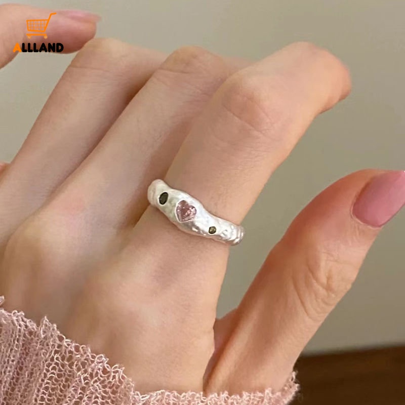 Cincin Zirkon Warna-Warni Tidak Teratur Minimalis/Cincin Adjustable Pembukaan Warna Silver Elegan/Cincin Berlian Hati Pink Trendi