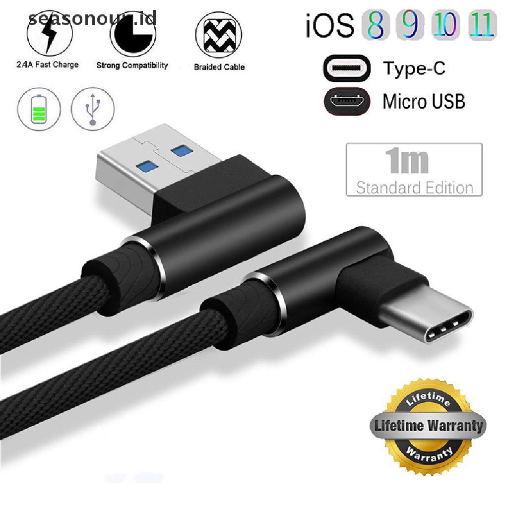 Seasonoun Braided 90derajat Sudut Kanan Tipe C/IOS/Micro USB Fast Data Sync Charger Cable.