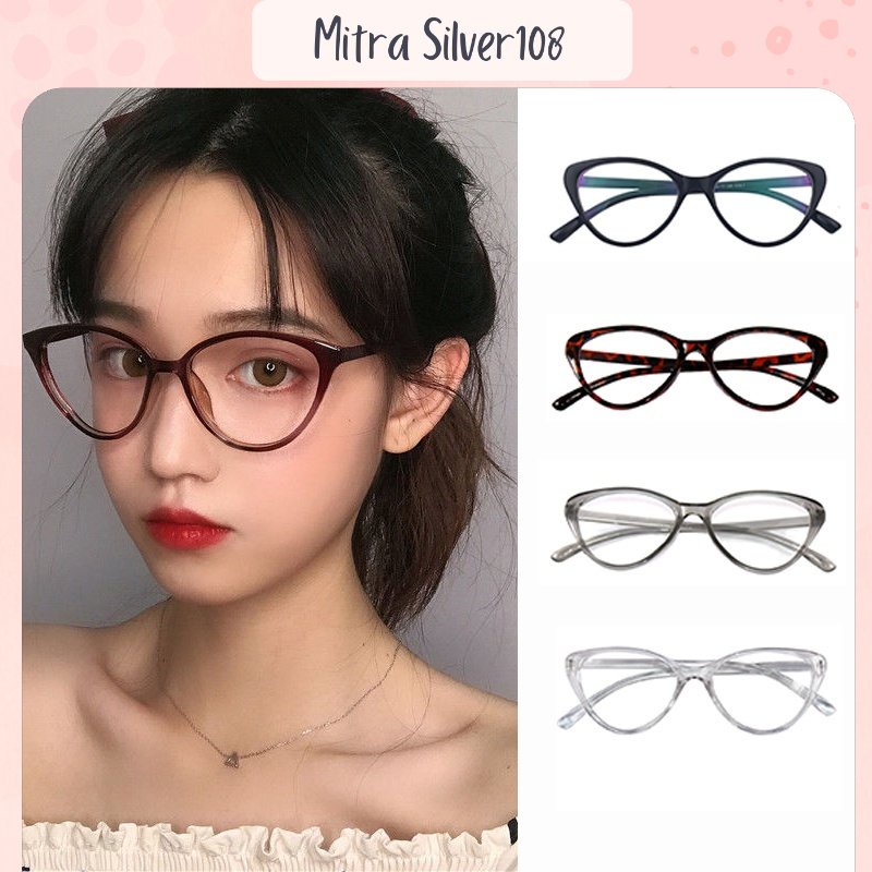 Kacamata Wanita Korea Cat Eye Retro Flat Eyeglasses Fashion Korean Style Kacamat Hitam Model Mata Kucing KM 01