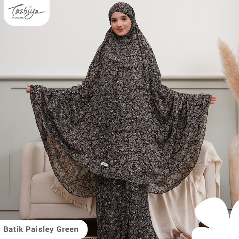 Mukena Tazbiya Batik Paisley Series Red/Green Jumbo Dewasa Katun Rayon Adem Motif Cantik