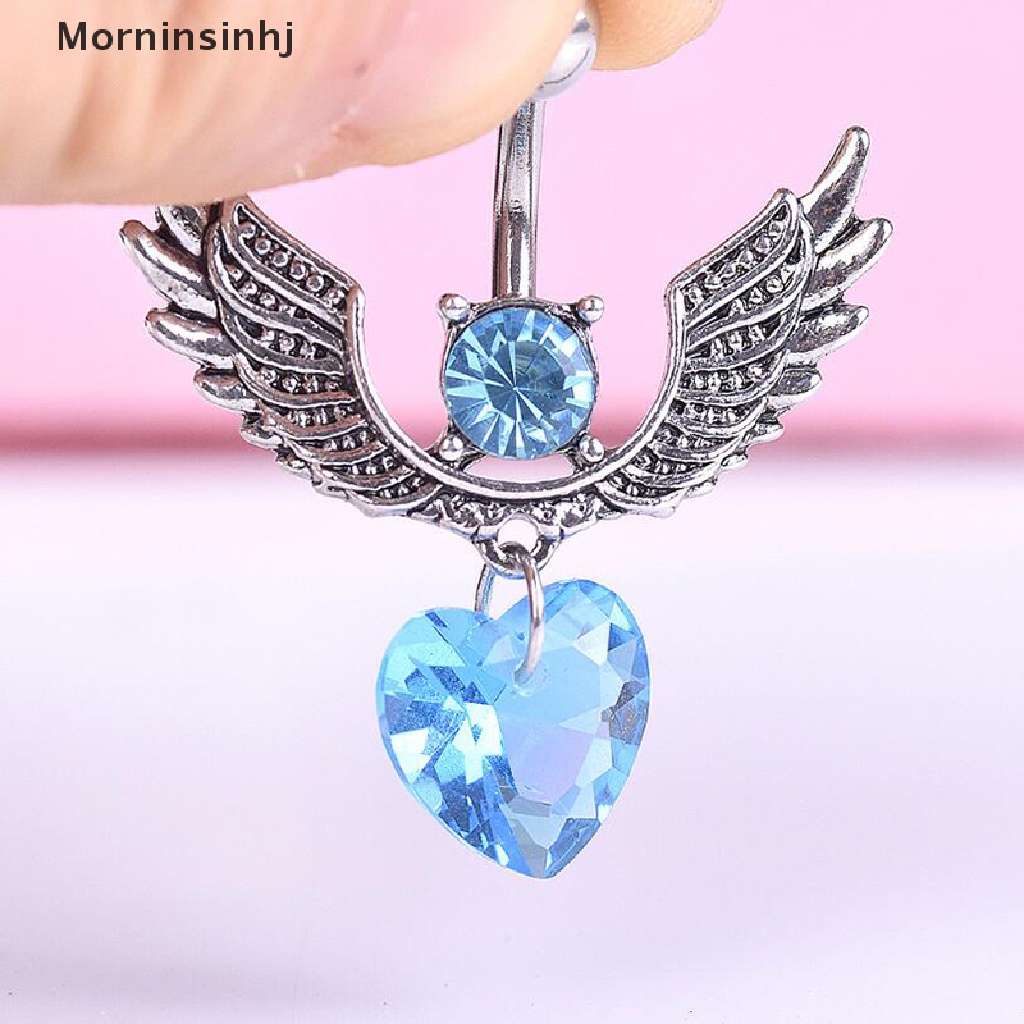 Mornin 16G Double Permata Kristal Hati Sayap Pusar Belly Button Cincin Perhiasan Tubuh id