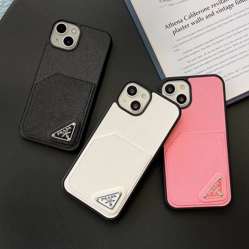 Couple Luxury Brand Parada Hard Leather Case Untuk Ip Apple IPhone 11 12 13 14 Pro Max 14 Plus 14+ Sarung Handphone Wanita Dengan Tas Card Holder