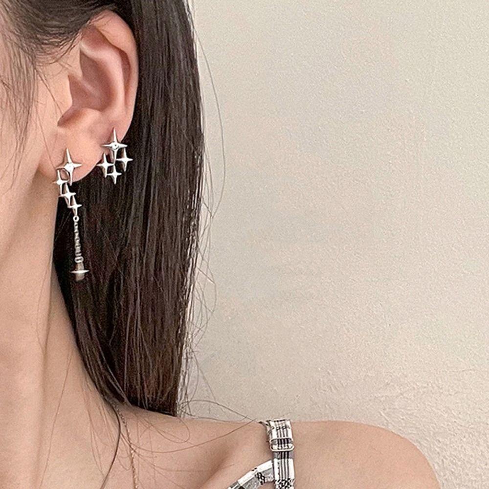 Mxbeauty Anting Wanita Asimetris Halus Sederhana Berujung Empat Desain Niche Bintang Perhiasan Fashion Hadiah Gadis Zirkon Gaya Korea Anting