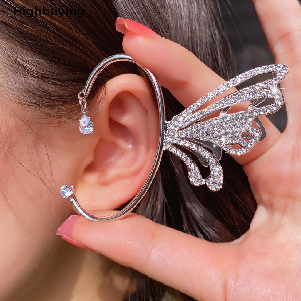 Hbid Trend Shiny Butterfly Kristal Klip Telinga Untuk Wanita Perempuan Logam Kristal C-Shape Ada Anting Telinga Berkilau Klip Earrings Perhiasan Pernikahan Glory