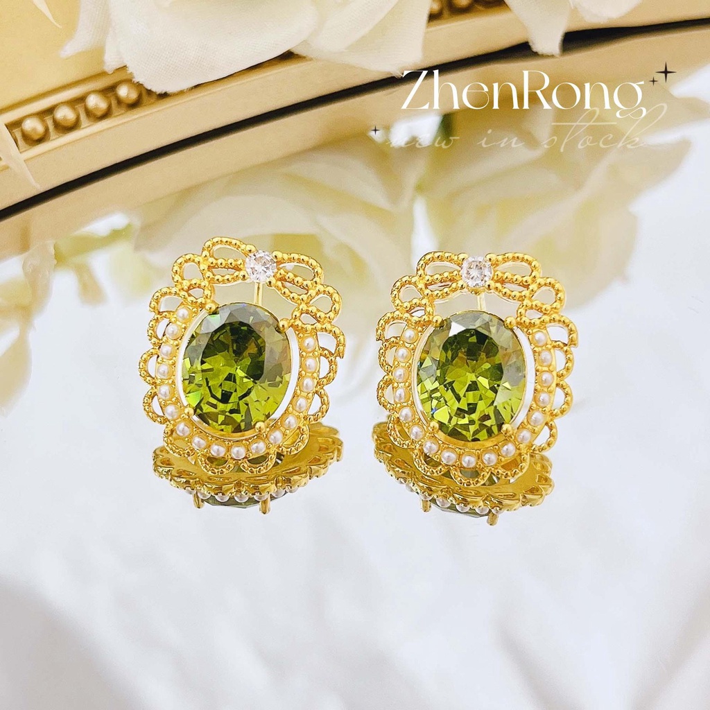 LUSH Goldkingdom Aksesoris Perhiasan Fashion Ready Stock Windsor Estate Olive Green Stud French Retro Elegan Hutan Rimbun Hijau Austria Kristal Mutiara Stud