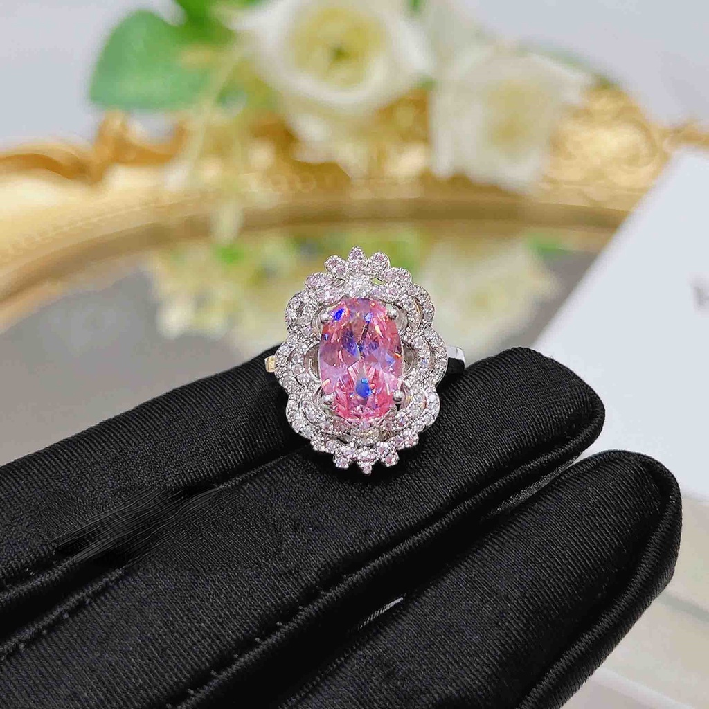 Goldkingdom Aksesoris Perhiasan Fashion Ready Stock Senior Sense Sweet Pink Diamond Mewah Cherry Blossom Pink Adjustable Ring