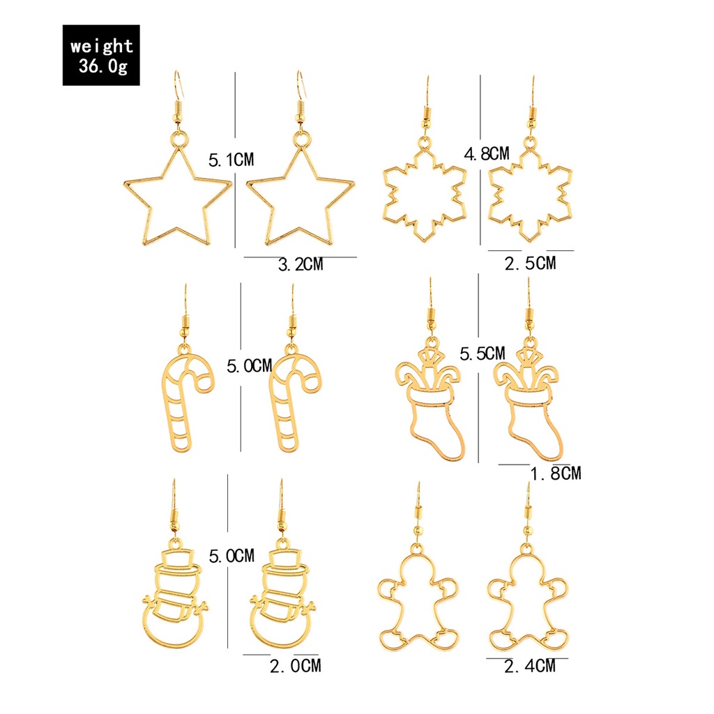 Liburan Indah Natal Seri Anting-Anting Berongga-out Bintang Emas Snowflake Snowman Natal Stoking Liontin Anting-Anting 6pasang