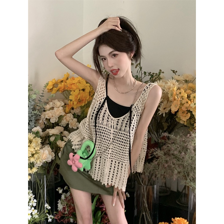 Red Setelan Retro Wanita Tanpa Lengan Berongga Merajut Rompi Overshirt Kecil Yang Indah Sling Musim Panas Ramping Rok Set Tiga Potong