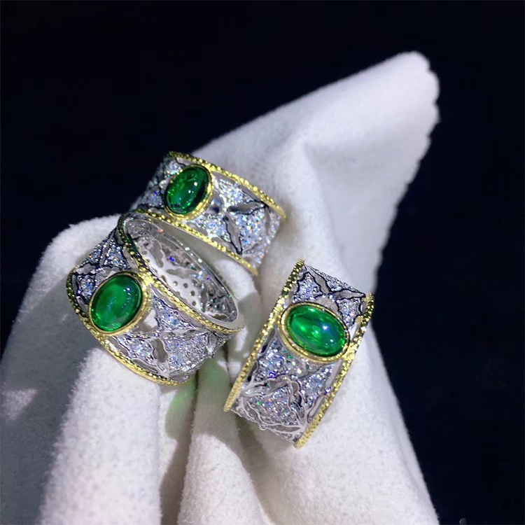 Goldkingdom Aksesoris Perhiasan Fashion Ready Stock French Retro Woven Grafir Emas Asli Kadar 375 Digambar Tangan Yang Dapat Disesuaikan Cincin Set Dengan Zamrud Colombia Ring