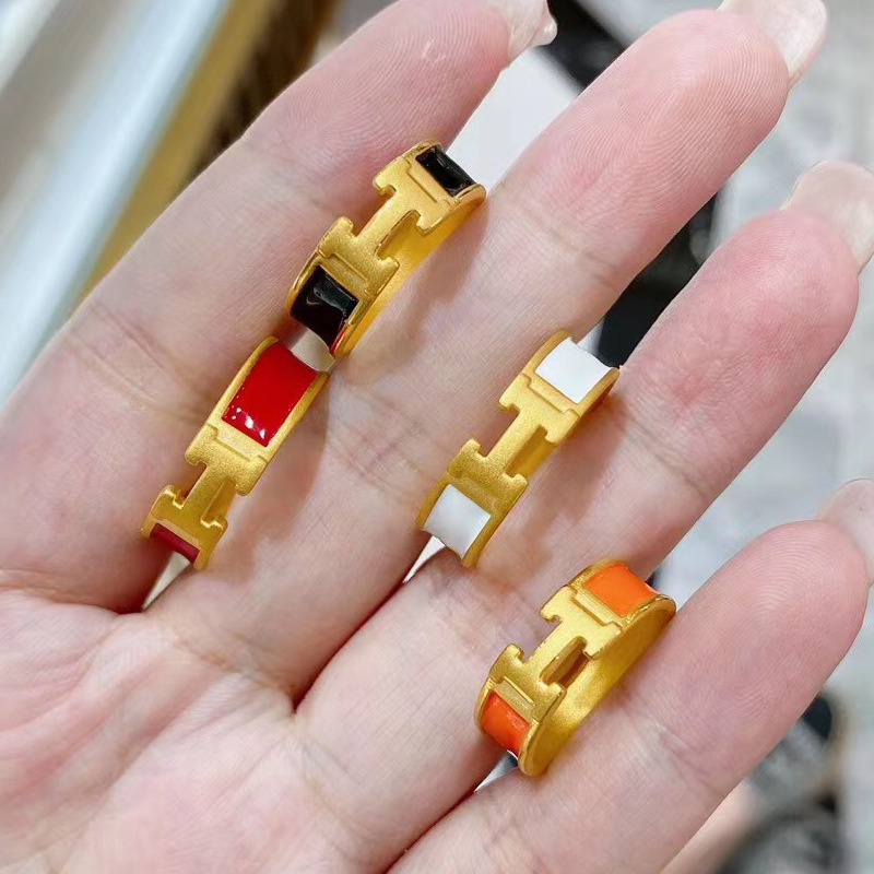 Goldkingdom Aksesoris Perhiasan Fashion Ready Stock Kuning-gold Plated Cincin Enamel Merah Warna Tetes Lem Wanita Huruf H Adjustable Ring